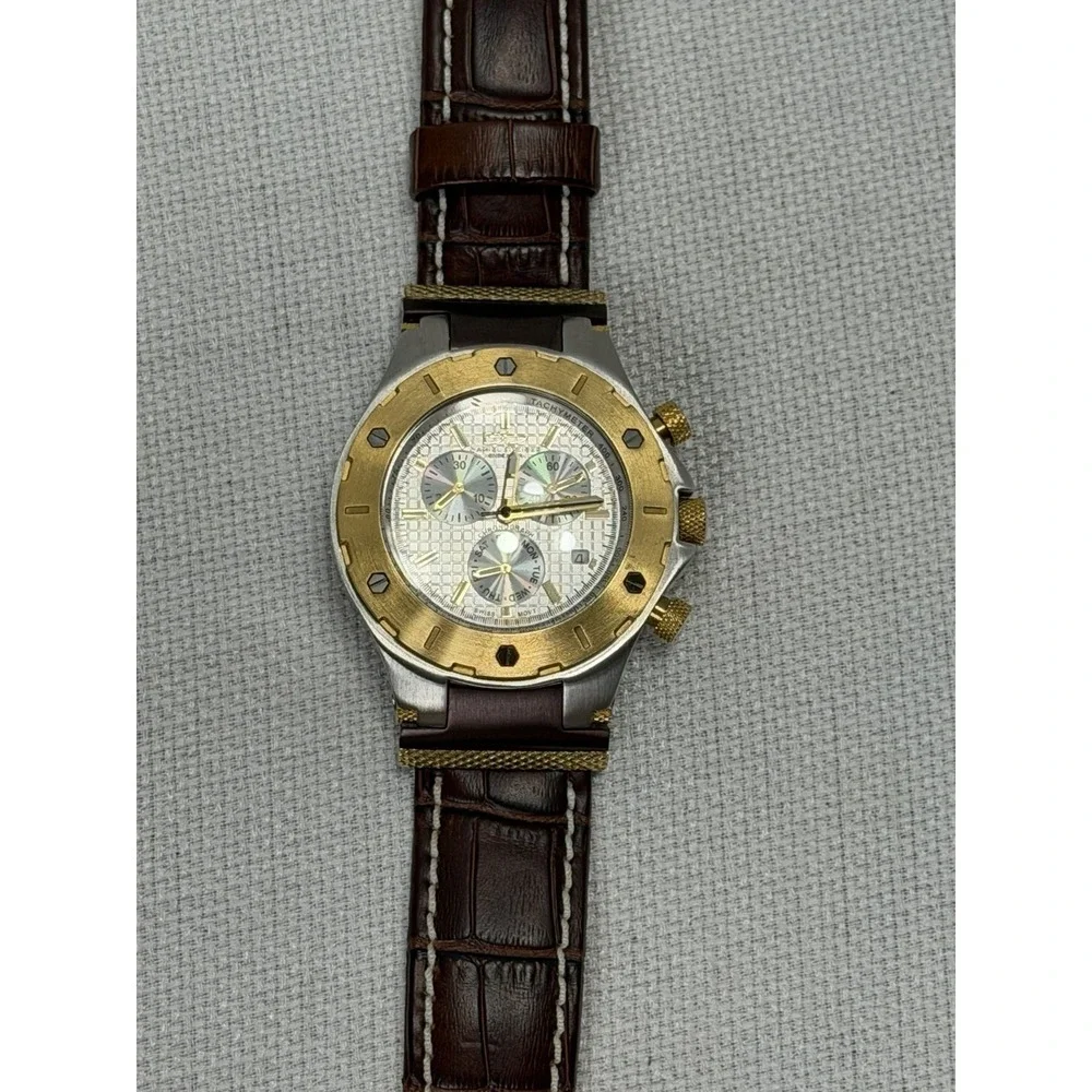 Daniel Steiger Men's Watch Round Silver & Gold/wt Date Chrono Dial Leather Band!